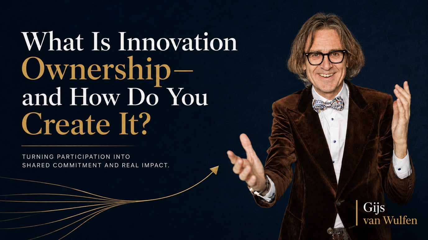 Gijs van Wulfen beside the title What Is Innovation Ownership and How Do You Create It, with golden lines converging into one arrow