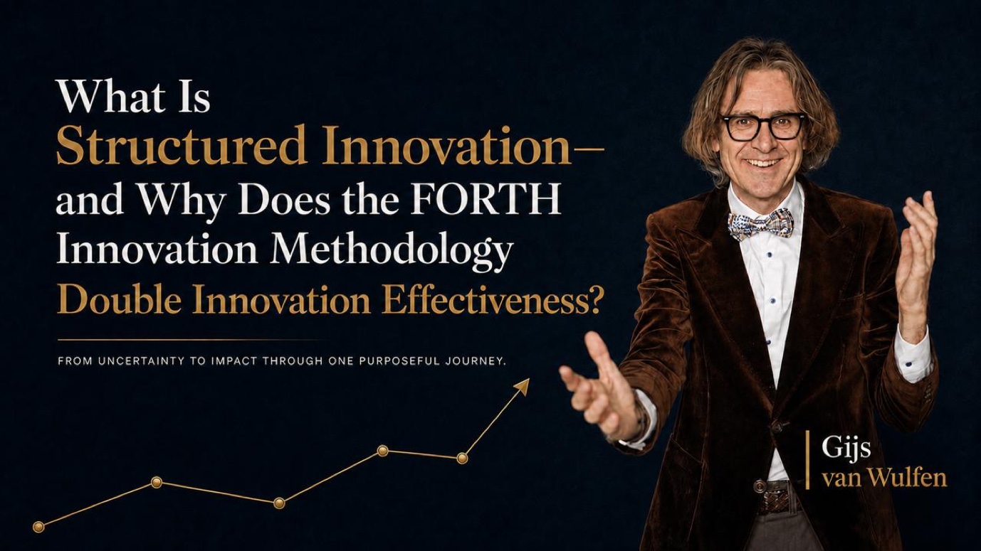 Gijs van Wulfen beside the title What Is Structured Innovation and Why Does the FORTH Innovation Methodology Double Innovation Effectiveness, with a golden line rising step by step to an arrow