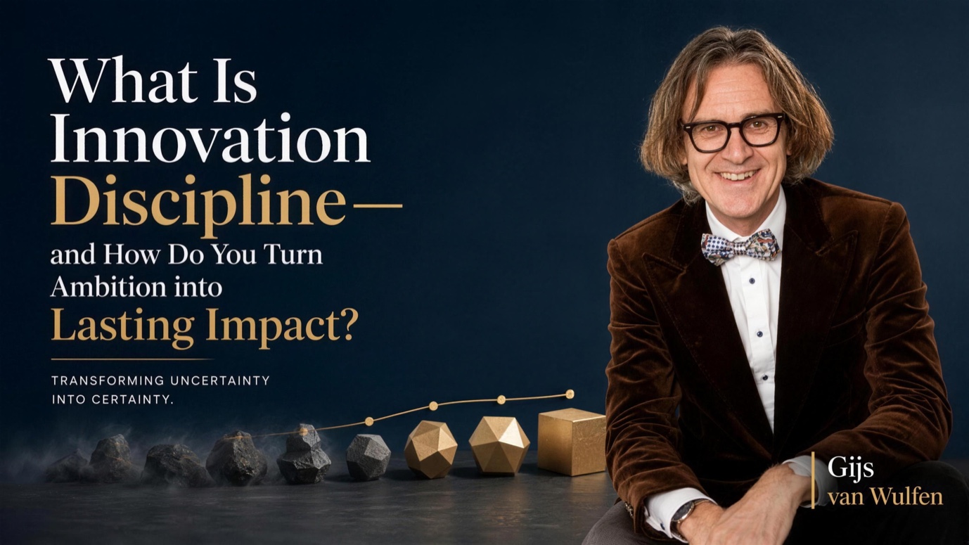 Gijs van Wulfen beside the title Innovation Discipline and a progression from rough stones to finished shapes